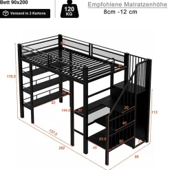Lit mezzanine 90x200 cm avec LED et prise électrique - avec compartiments de rangement - avec étagère - noir (matelas non inclus)