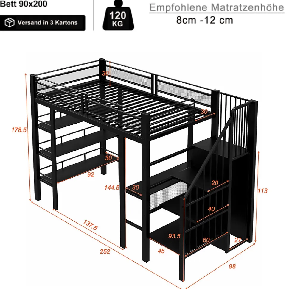 Lit mezzanine 90x200 cm avec LED et prise électrique - avec compartiments de rangement - avec étagère - noir (matelas non inclus)
