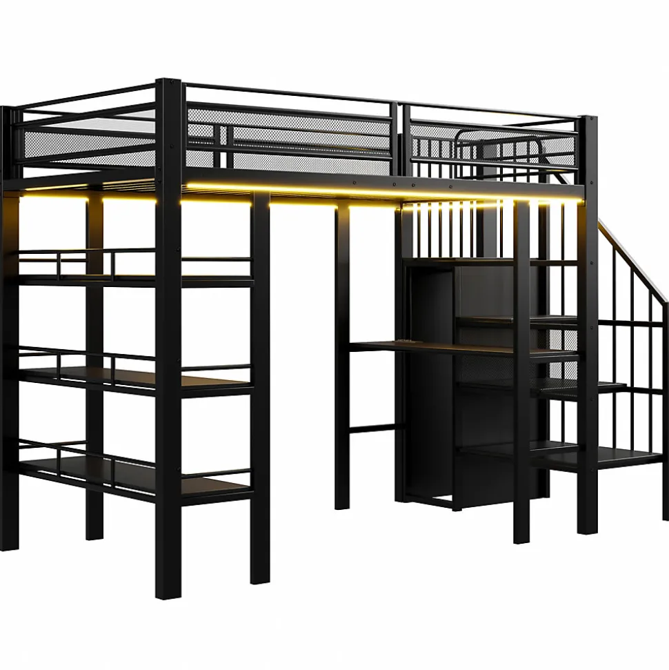 Lit mezzanine 90x200 cm avec LED et prise électrique - avec compartiments de rangement - avec étagère - noir (matelas non inclus)