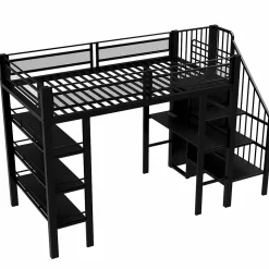 Lit mezzanine 90x200 cm avec LED et prise électrique - avec compartiments de rangement - avec étagère - noir (matelas non inclus)
