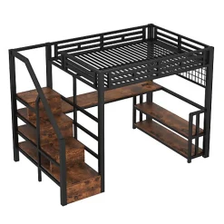 Lit mezzanine 140x200 cm avec LED - avec penderie et bureau - 2 ports USB + 1 port Type-C - noir (matelas non inclus)