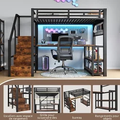 Lit mezzanine 140x200 cm avec LED - avec penderie et bureau - 2 ports USB + 1 port Type-C - noir (matelas non inclus)