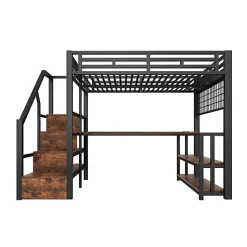 Lit mezzanine 140x200 cm avec LED - avec penderie et bureau - 2 ports USB + 1 port Type-C - noir (matelas non inclus)