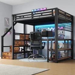 Lit mezzanine 140x200 cm avec LED - avec penderie et bureau - 2 ports USB + 1 port Type-C - noir (matelas non inclus)