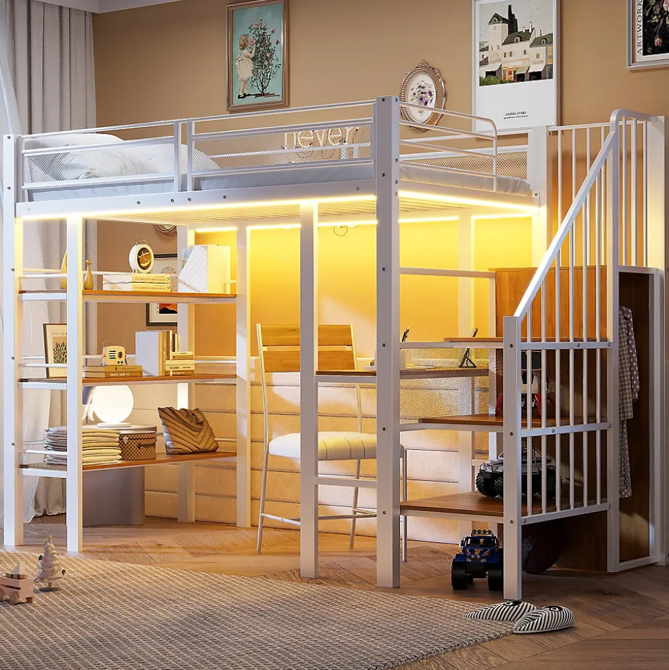 Lit mezzanine 90x200 cm avec LED et prise électrique - avec compartiments de rangement - avec étagère - blanc (matelas non inclus)