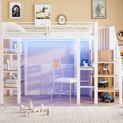 Lit mezzanine 90x200 cm avec LED et prise électrique - avec compartiments de rangement - avec étagère - blanc (matelas non inclus)