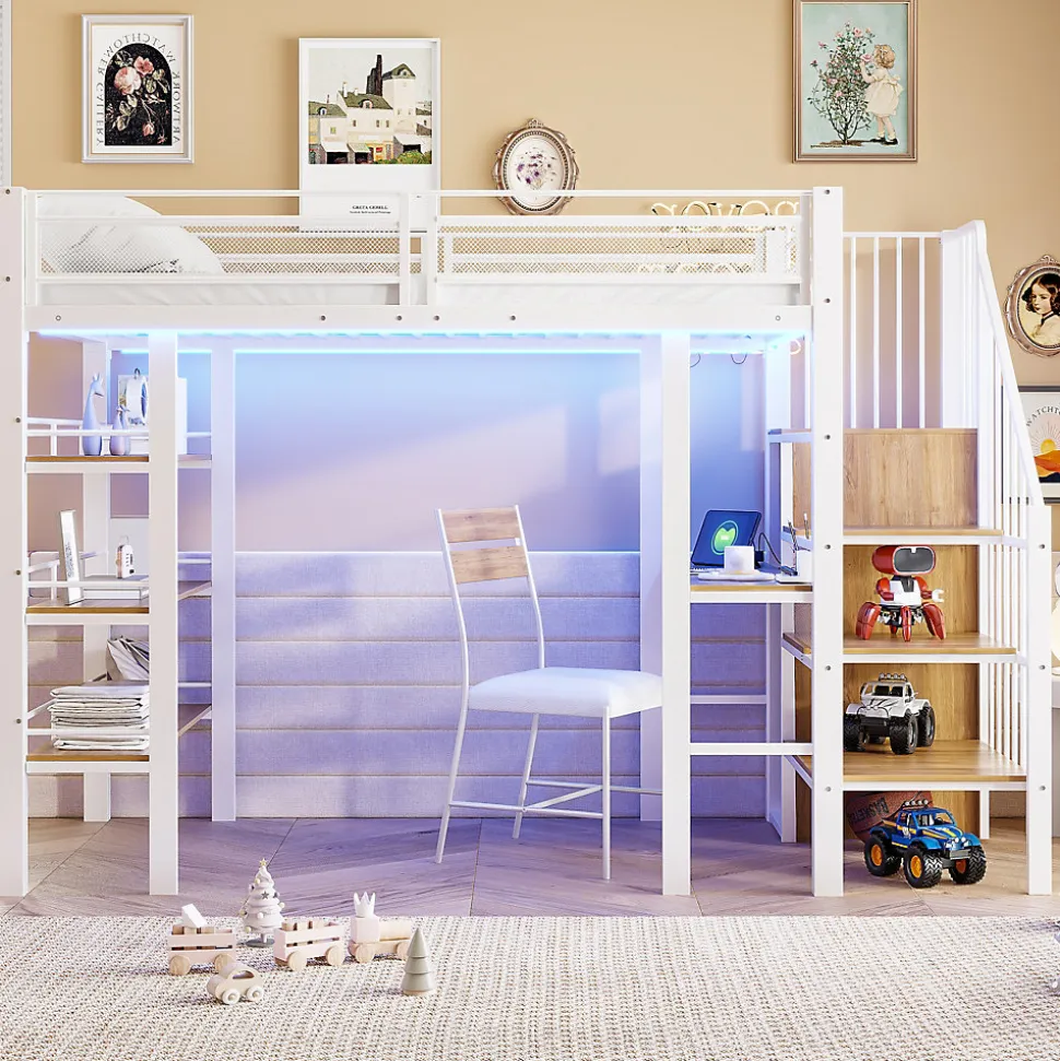 Lit mezzanine 90x200 cm avec LED et prise électrique - avec compartiments de rangement - avec étagère - blanc (matelas non inclus)