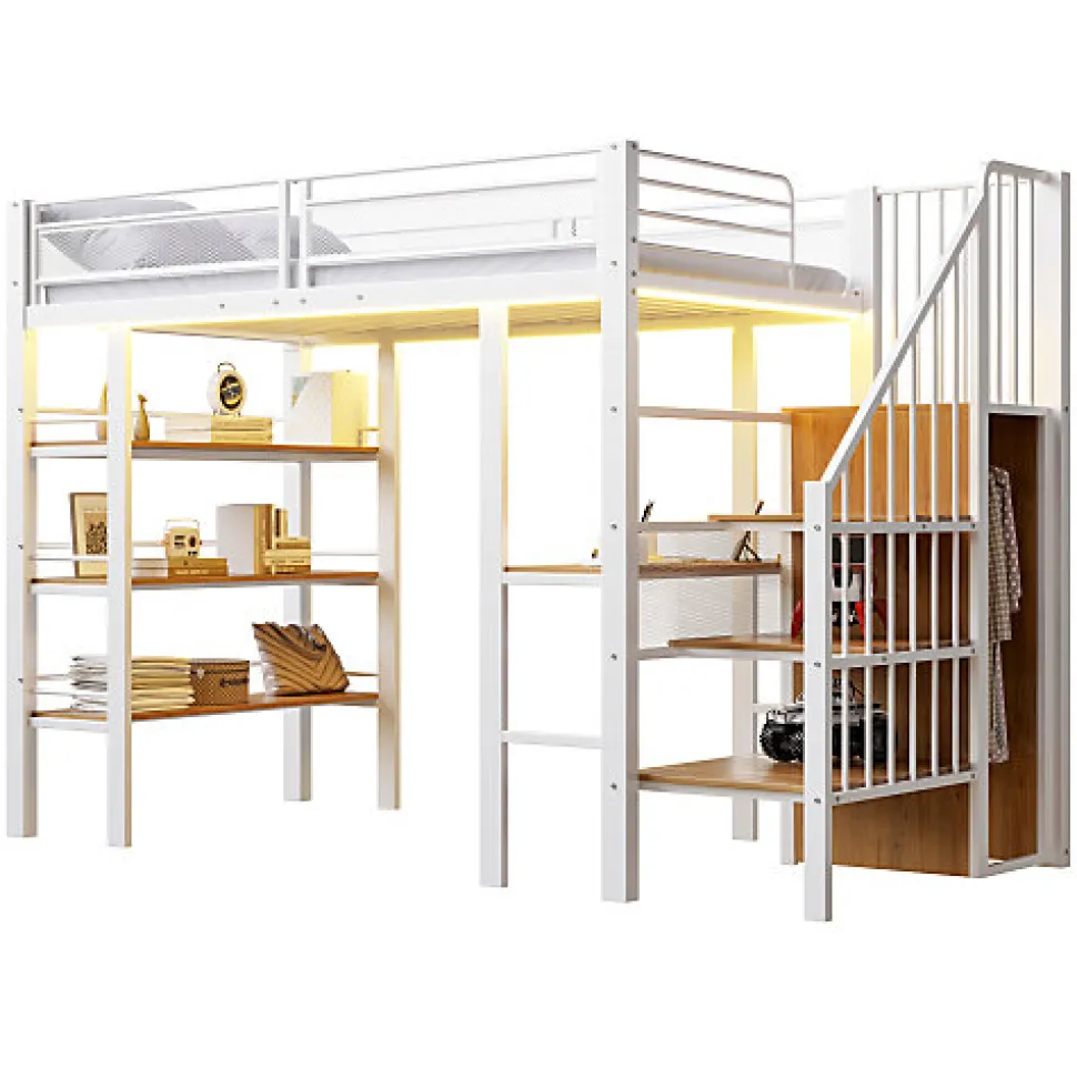 Lit mezzanine 90x200 cm avec LED et prise électrique - avec compartiments de rangement - avec étagère - blanc (matelas non inclus)