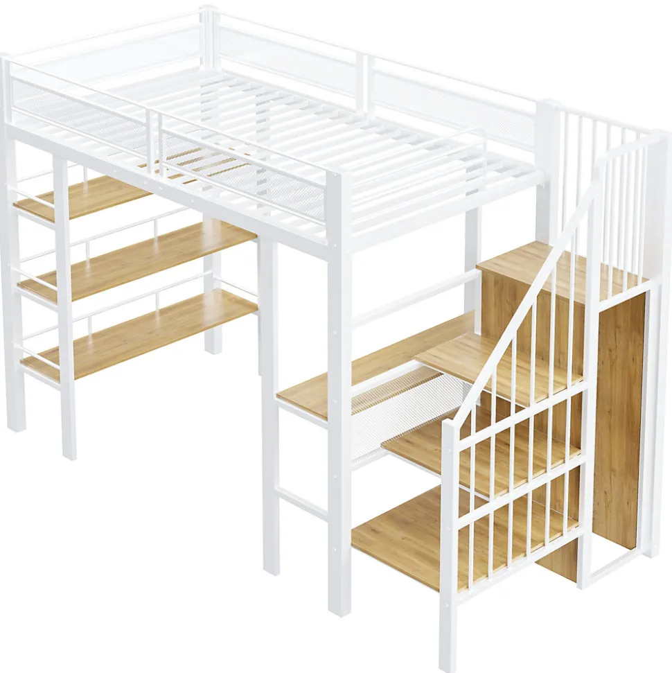 Lit mezzanine 90x200 cm avec LED et prise électrique - avec compartiments de rangement - avec étagère - blanc (matelas non inclus)