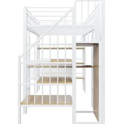 Lit mezzanine 90x200 cm avec LED et prise électrique - avec compartiments de rangement - avec étagère - blanc (matelas non inclus)