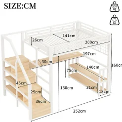 Lit mezzanine 140x200 cm avec LED - avec penderie et bureau - 2 ports USB + 1 port Type-C - blanc (matelas non inclus)