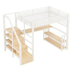 Lit mezzanine 140x200 cm avec LED - avec penderie et bureau - 2 ports USB + 1 port Type-C - blanc (matelas non inclus)