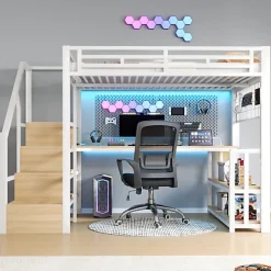 Lit mezzanine 140x200 cm avec LED - avec penderie et bureau - 2 ports USB + 1 port Type-C - blanc (matelas non inclus)