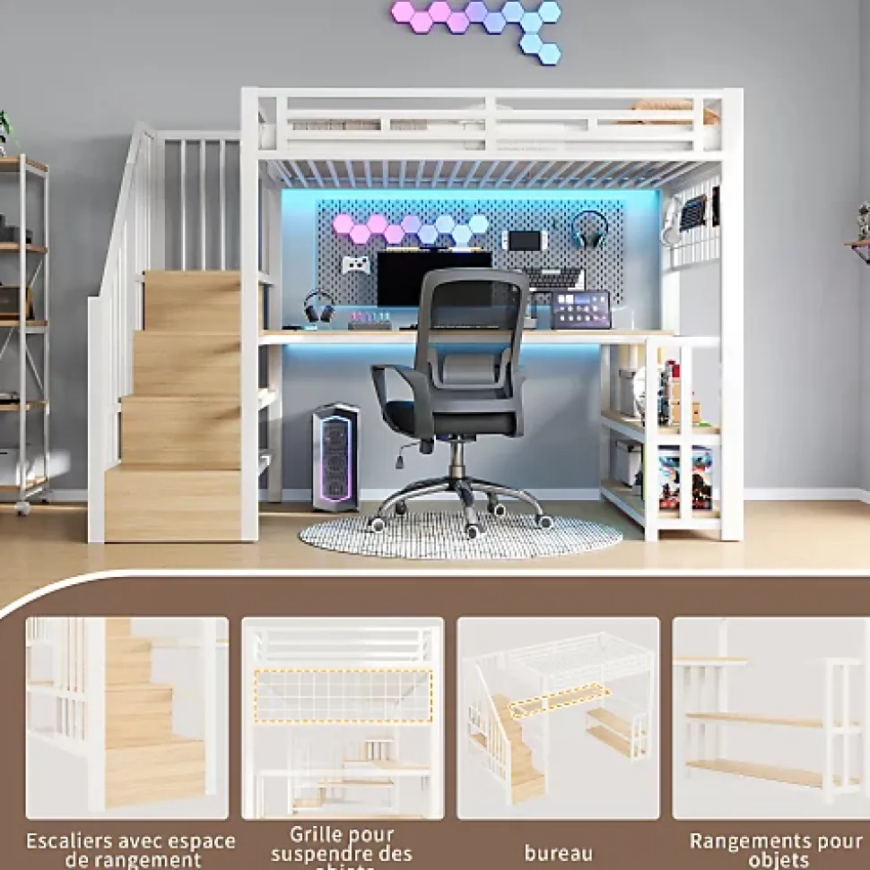 Lit mezzanine 90x200 cm avec LED - avec penderie et bureau - 2 ports USB + 1 port Type-C - blanc (matelas non inclus)