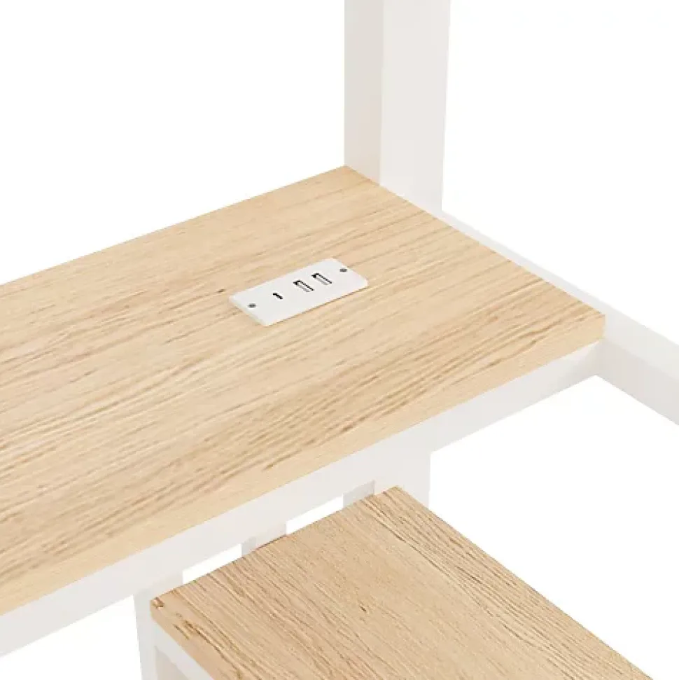 Lit mezzanine 90x200 cm avec LED - avec penderie et bureau - 2 ports USB + 1 port Type-C - blanc (matelas non inclus)