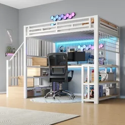 Lit mezzanine 90x200 cm avec LED - avec penderie et bureau - 2 ports USB + 1 port Type-C - blanc (matelas non inclus)