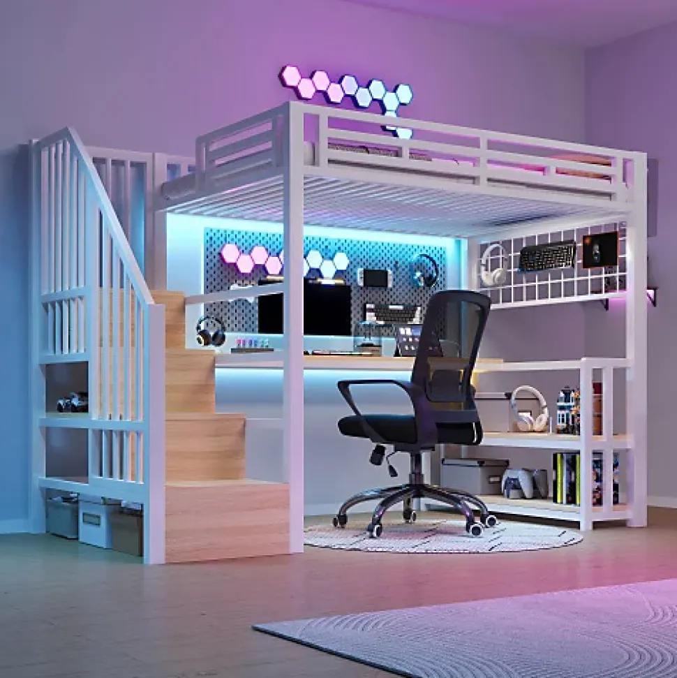 Lit mezzanine 90x200 cm avec LED - avec penderie et bureau - 2 ports USB + 1 port Type-C - blanc (matelas non inclus)