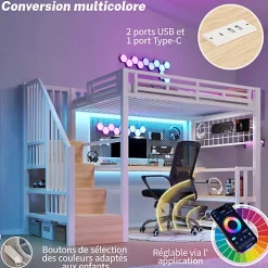 Lit mezzanine 90x200 cm avec LED - avec penderie et bureau - 2 ports USB + 1 port Type-C - blanc (matelas non inclus)