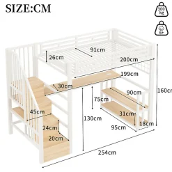 Lit mezzanine 90x200 cm avec LED - avec penderie et bureau - 2 ports USB + 1 port Type-C - blanc (matelas non inclus)