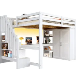 Lit mezzanine 140x200 cm avec LED - avec bureau et armoire - échelle de rangement - port USB - blanc (sans matelas)