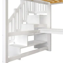 Lit mezzanine 140x200 cm avec LED - avec bureau et armoire - échelle de rangement - port USB - blanc (sans matelas)
