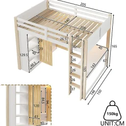 Lit mezzanine 140x200 cm avec LED - avec armoire - avec étagères et bureau - blanc + naturel (matelas non inclus)