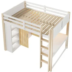 Lit mezzanine 140x200 cm avec LED - avec armoire - avec étagères et bureau - blanc + naturel (matelas non inclus)