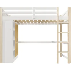 Lit mezzanine 140x200 cm avec LED - avec armoire - avec étagères et bureau - blanc + naturel (matelas non inclus)