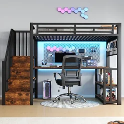 Lit mezzanine 90x200 cm avec LED - avec penderie et bureau - 2 ports USB + 1 port Type-C - noir (matelas non inclus)