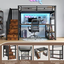 Lit mezzanine 90x200 cm avec LED - avec penderie et bureau - 2 ports USB + 1 port Type-C - noir (matelas non inclus)