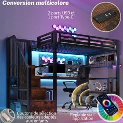 Lit mezzanine 90x200 cm avec LED - avec penderie et bureau - 2 ports USB + 1 port Type-C - noir (matelas non inclus)