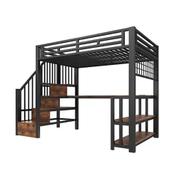 Lit mezzanine 90x200 cm avec LED - avec penderie et bureau - 2 ports USB + 1 port Type-C - noir (matelas non inclus)