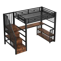 Lit mezzanine 90x200 cm avec LED - avec penderie et bureau - 2 ports USB + 1 port Type-C - noir (matelas non inclus)