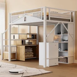 Lit mezzanine 140x200 cm avec rangement sous marches, garde-corps fenêtre et structure métal/bois