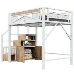 Lit mezzanine 140x200 cm avec rangement sous marches, garde-corps fenêtre et structure métal/bois