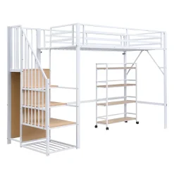 Lit mezzanine 90x200 cm avec étagère de rangement et roulettes - cintre et échelle - Métal+MDF - Blanc+Naturel(sans matelas)