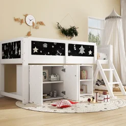 Lit mezzanine 90x200 cm avec tableau noir - avec 3 portes et une échelle - bois massif+MDF - Blanc(sans matelas)