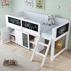 Lit mezzanine 90x200 cm avec tableau noir - avec 3 portes et une échelle - bois massif+MDF - Blanc(sans matelas)