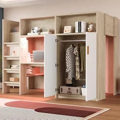 Lit mezzanine 90x200 cm avec un bureau et une armoire - avec des étagères - avec LED - naturel (matelas non inclus)