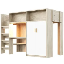 Lit mezzanine 90x200 cm avec un bureau et une armoire - avec des étagères - avec LED - naturel (matelas non inclus)