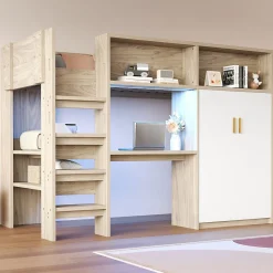 Lit mezzanine 90x200 cm avec un bureau et une armoire - avec des étagères - avec LED - naturel (matelas non inclus)