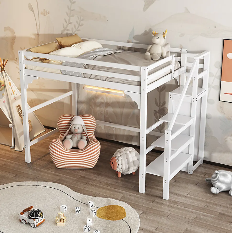 Lit mezzanine 140x200 cm blanc avec sommier, echelle, armoire et rangement integre pour chambre d adolescent