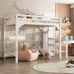Lit mezzanine 140x200 cm blanc avec sommier, echelle, armoire et rangement integre pour chambre d adolescent