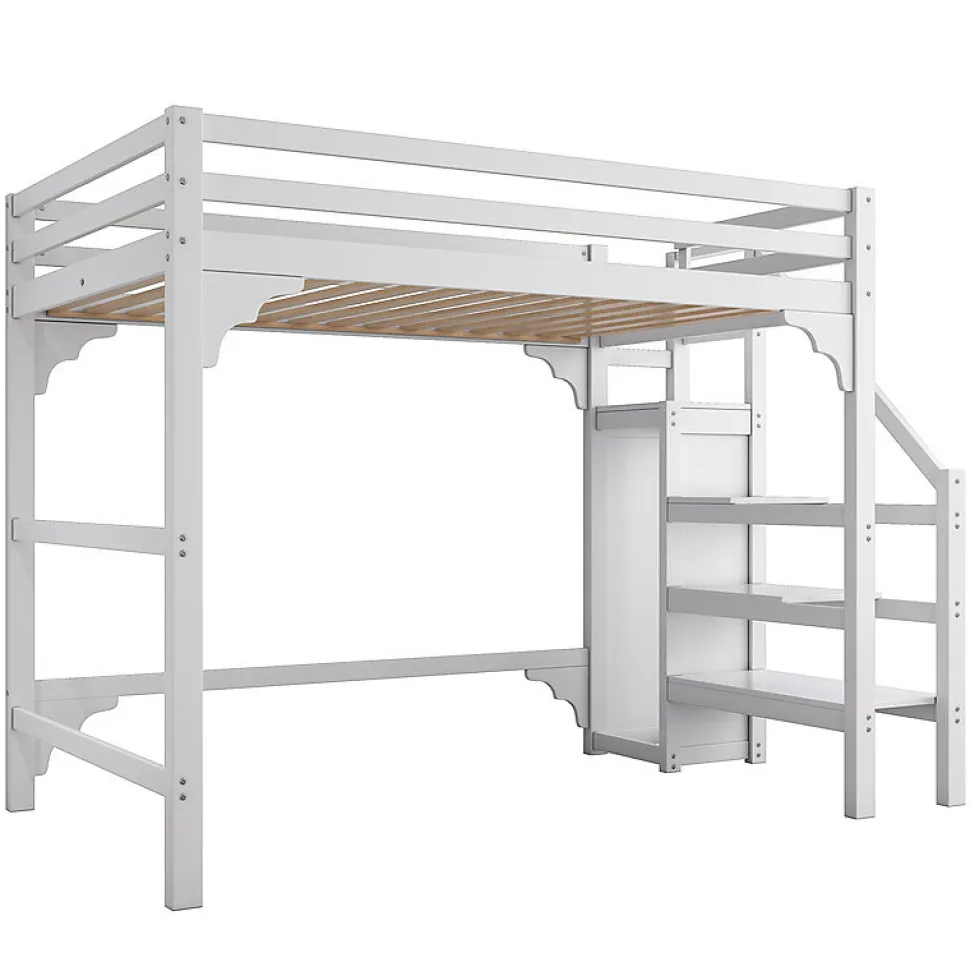 Lit mezzanine 140x200 cm blanc avec sommier, echelle, armoire et rangement integre pour chambre d adolescent