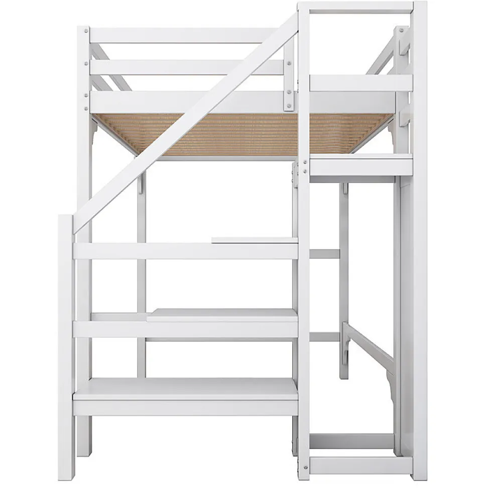 Lit mezzanine 140x200 cm blanc avec sommier, echelle, armoire et rangement integre pour chambre d adolescent