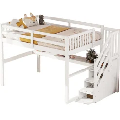Lit mezzanine 140x200 cm blanc avec tiroirs de rangement et bureau intégré sous le lit pour enfant