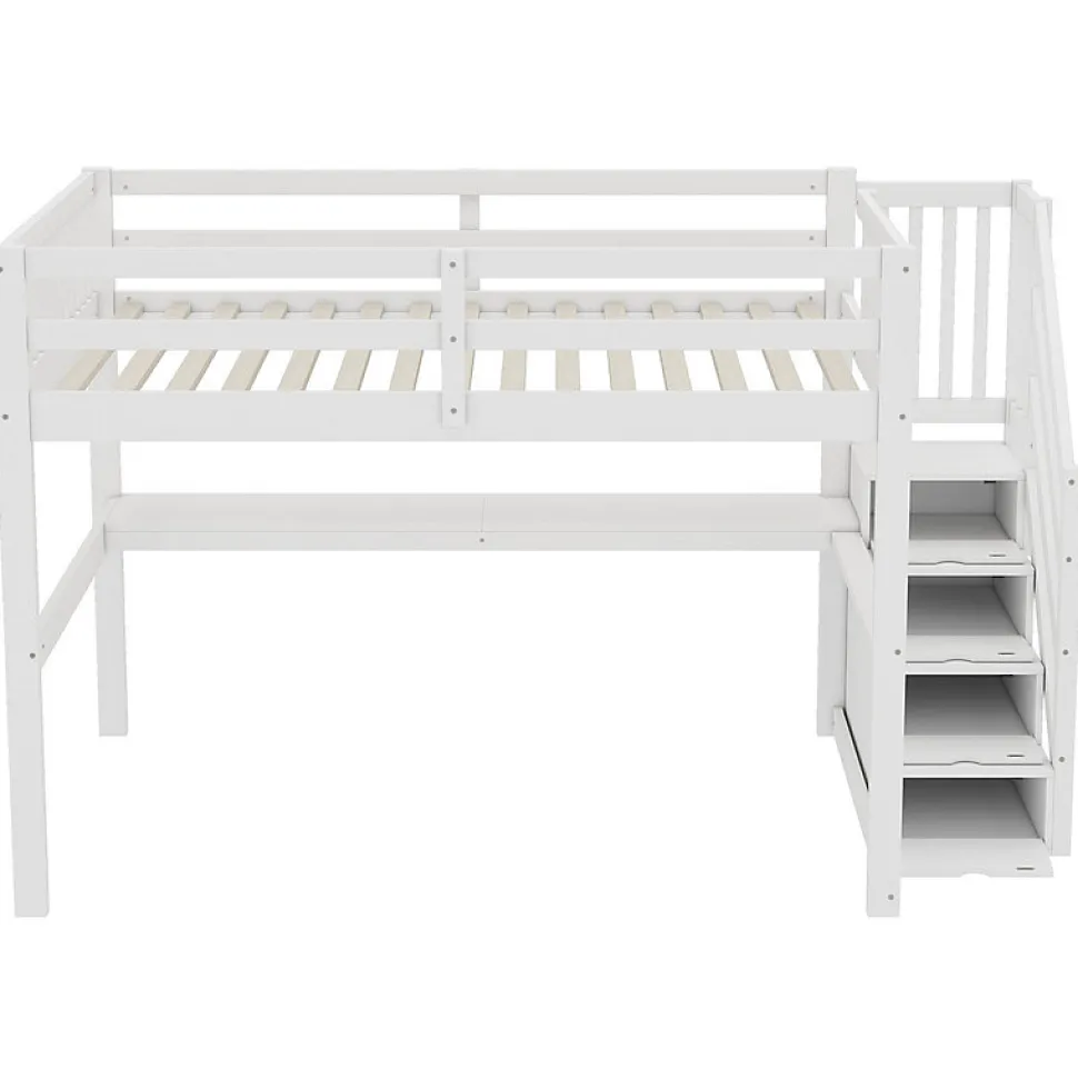 Lit mezzanine 140x200 cm blanc avec tiroirs de rangement et bureau intégré sous le lit pour enfant