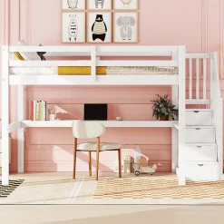 Lit mezzanine 140x200 cm blanc avec tiroirs de rangement et bureau intégré sous le lit pour enfant