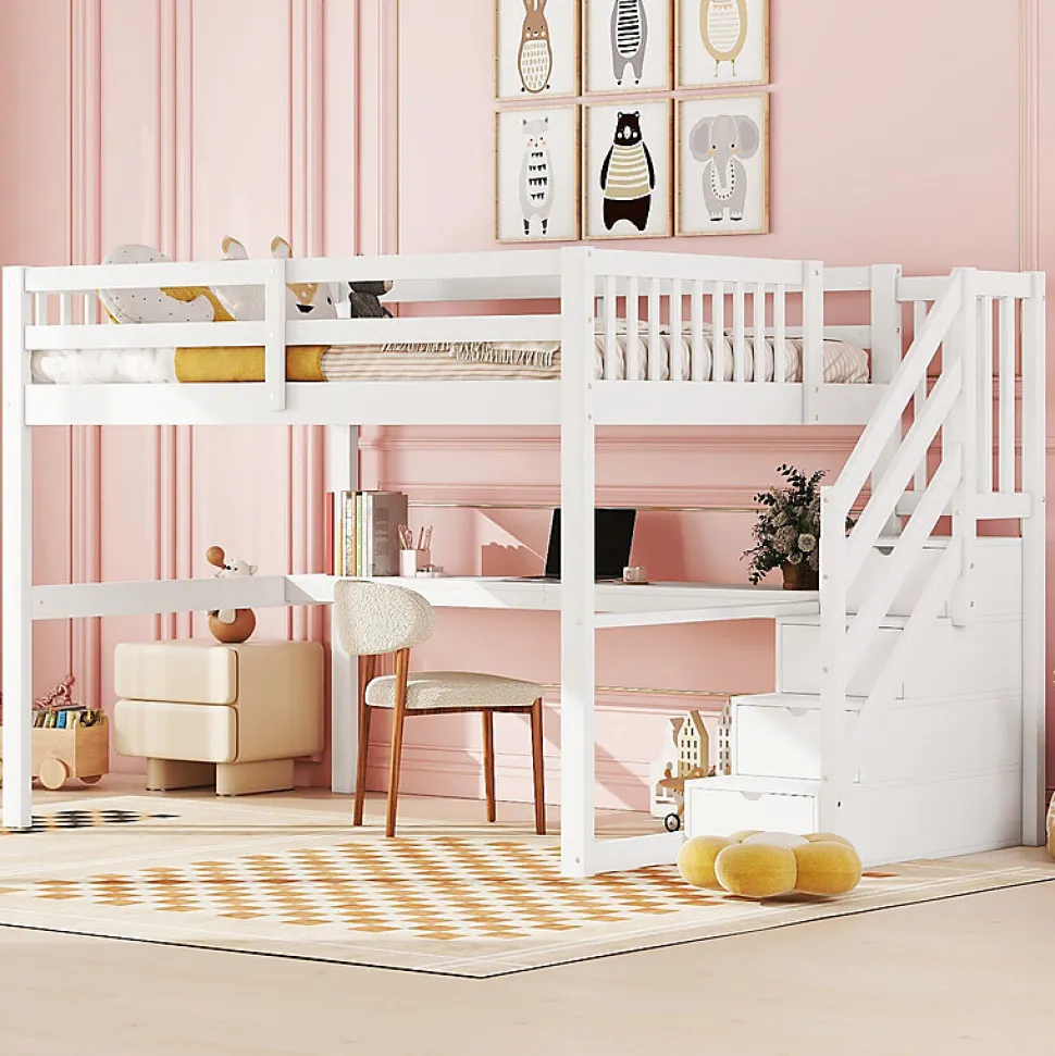 Lit mezzanine 140x200 cm blanc avec tiroirs de rangement et bureau intégré sous le lit pour enfant