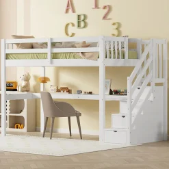 Lit mezzanine 90x200 cm blanc avec tiroirs de rangement et bureau intégré sous le lit pour enfant
